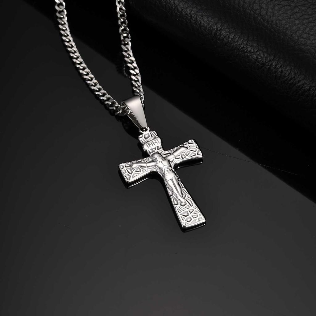 Vintage Religious Jesus Cross Pendant Necklace, Stainless Steel Chain Necklace for Men Church Prayer Faith Jewelry