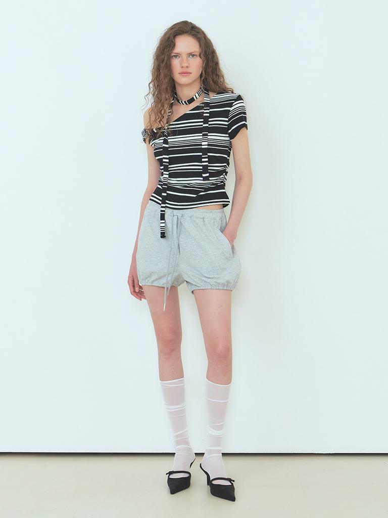 ETMON Stripe One-Shoulder T-Shirt Black