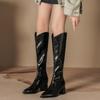 Women's Mid-Heel Long Boots - Autumn/Winter Fashion, Thick Heels, Zippered V-Neck, Soft Leather, Pointed Toe, Not Over-the-Knee.
