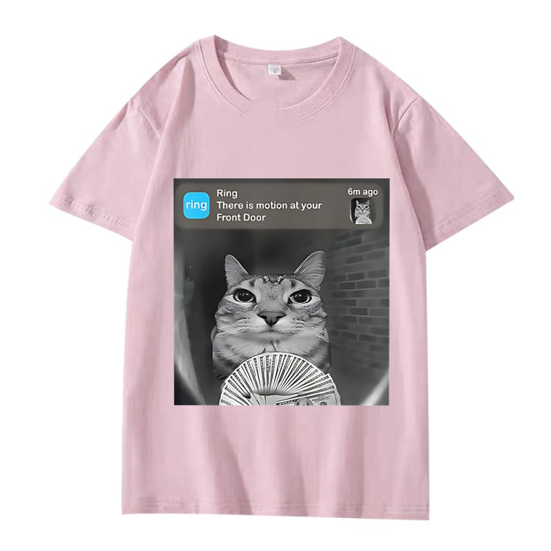 There Is Motion At Your Front Door Funny Silly Cat Meme T Shirt Men Women Oversized 100% Cotton  Short Sleeve Summer Unisextops