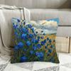 Vintage Blue Cornflower Pillow Cover 2D Print Country Field Landscape Cushion Case For Sofa Bed Couch Rustic Home Decor