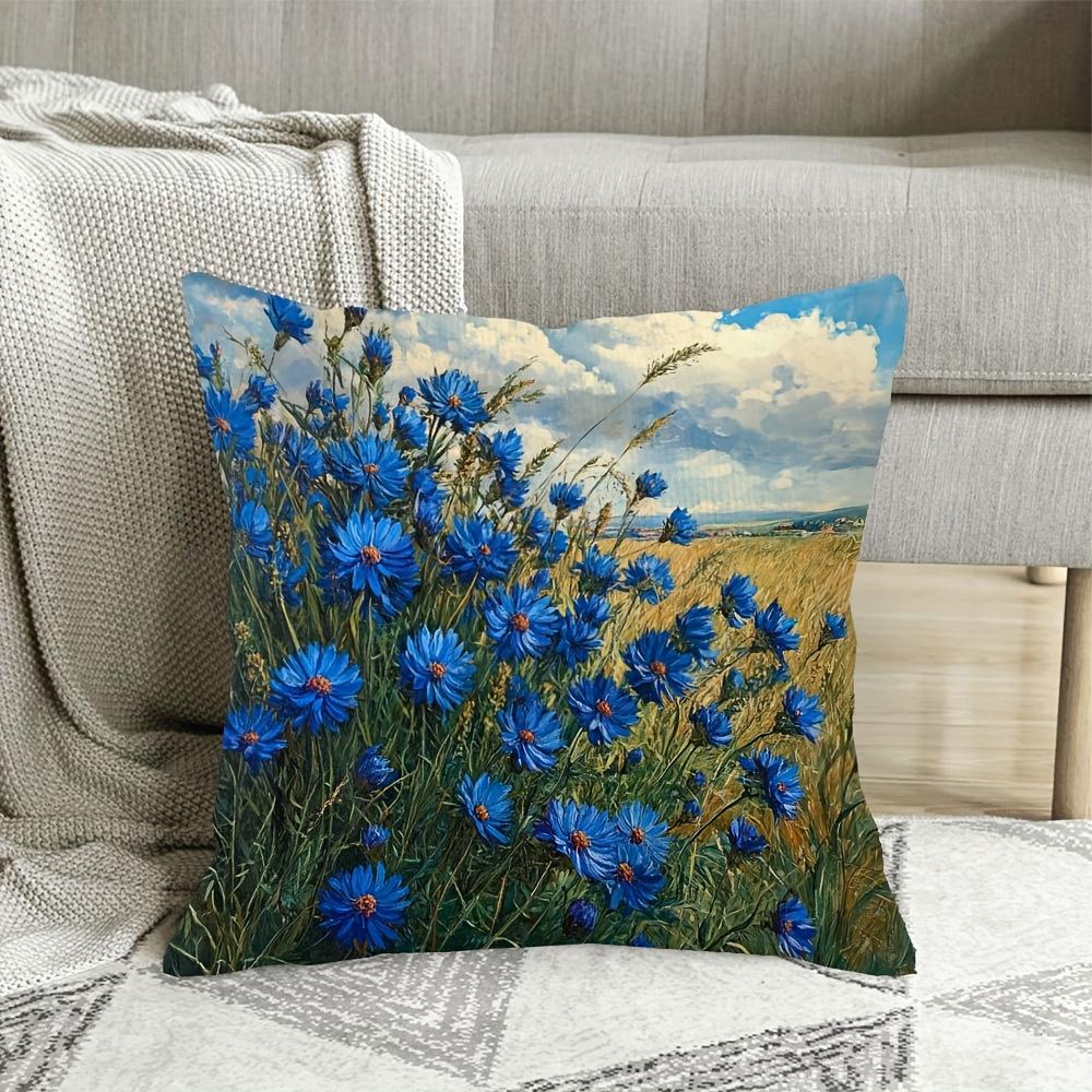 Vintage Blue Cornflower Pillow Cover 2D Print Country Field Landscape Cushion Case For Sofa Bed Couch Rustic Home Decor