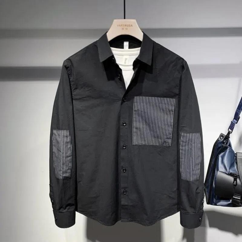 Japanese Fashion Striped Spring Autumn Men's New Spliced Square Collar Button Solid Color Loose Casual Long Sleeved Shirts
