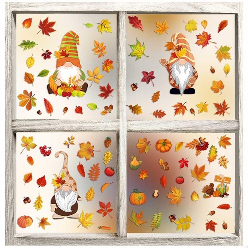 62KD 6 Sheets Autumn Thanksgiving Gnomes Window Clings Decal Fall Pumpkin Maple Leaf Electrostatic Stickers Wall Decor