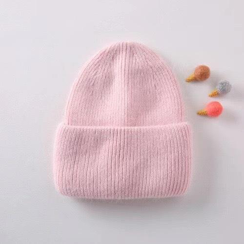 Internet celebrity Angola rabbit hair solid color light board autumn and winter versatile candy color vertical stripe outdoor warm knitted hat women