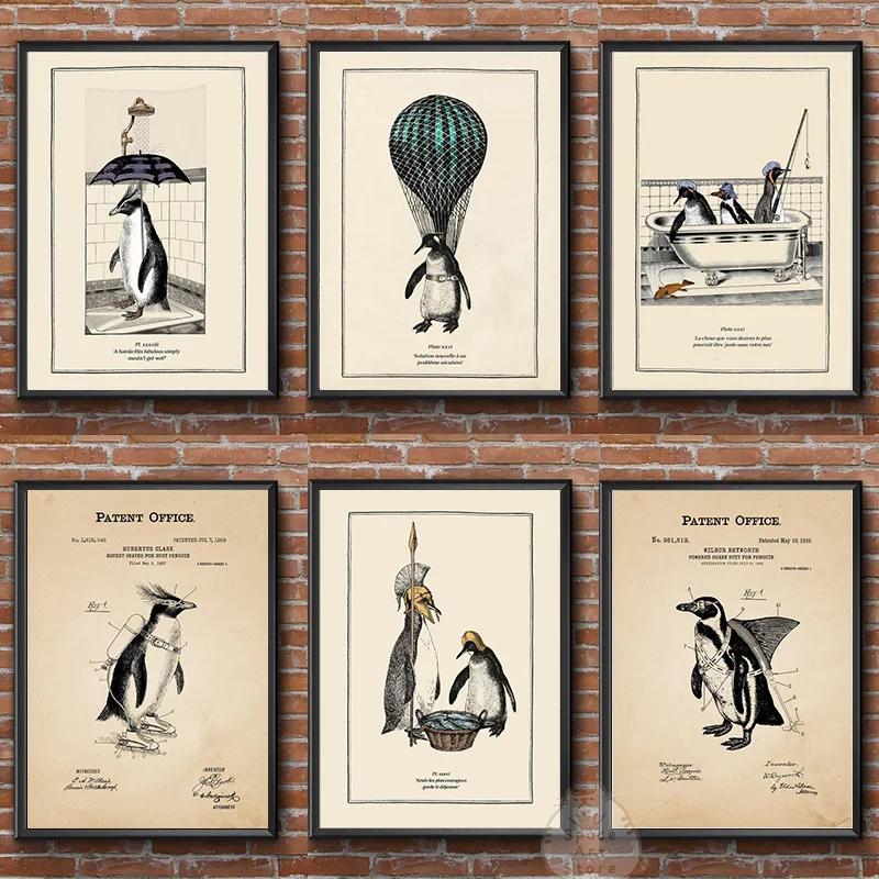 Funny Vintage Penguin Posters and Prints Surreal Animal Quirky Patent Wall Art Picture Canvas Painting Room Home Decor Cuadros