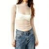 Women Sheer Mesh Polka Dot Long Sleeve Top Slim Fit Semi High Neck Stretchy Transparent T-Shirt Layering Base Shirt
