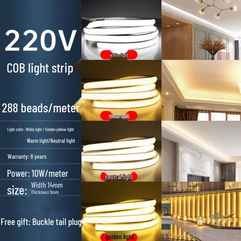High Voltage 220V COB LED Strip Light: Super Bright, Waterproof, Self-Adhesive, Silicone-Coated for Home & Outdoor Use