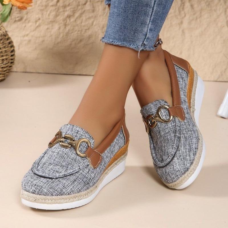 Large size wedge heel round head single shoes women's new chain metal buckle sponge cake shallow hemp rope woven women's shoes