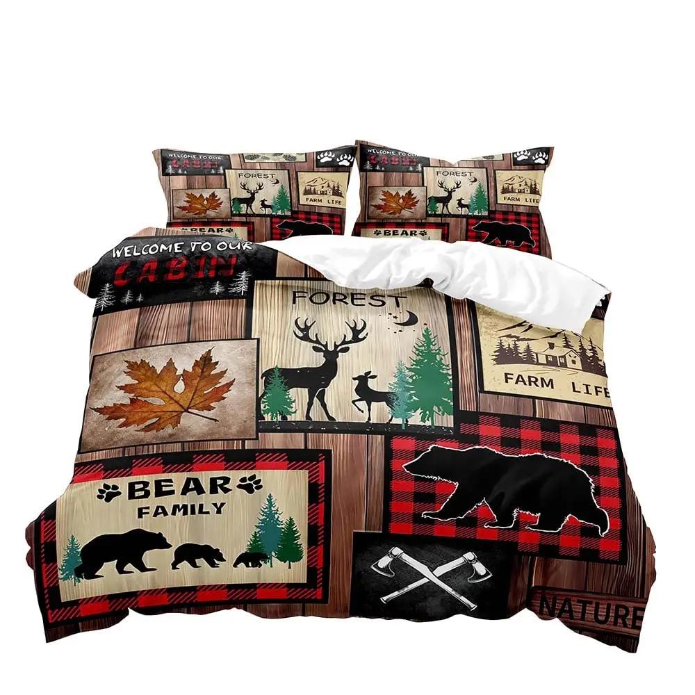 Farmhouse Duvet Cover SetBlack Bear Deer Elk Moose Forest Animal Wildlife Lodge Rustic Bedding Set KingSage Green Brown Plaid