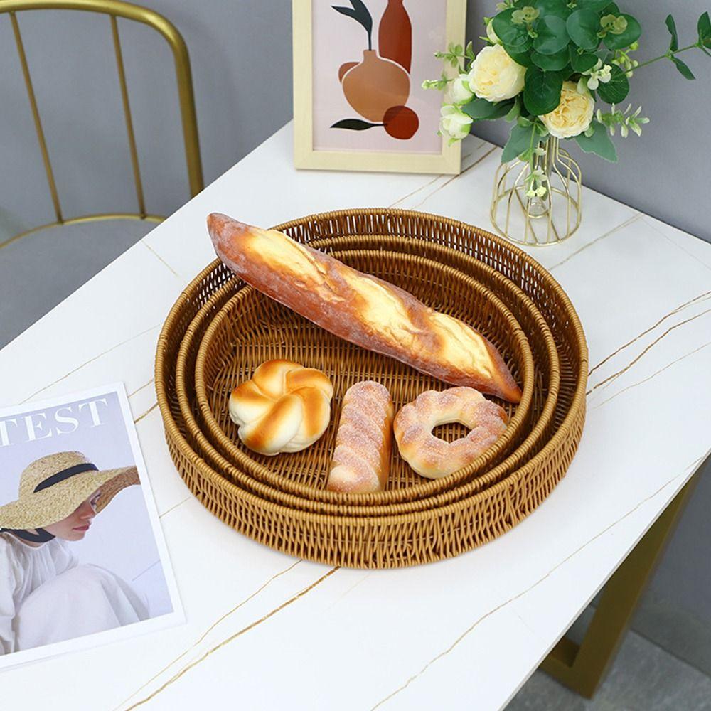 1Pcs Round Rectangular Shape Storage Tray Breakfast Bread Food Plastic Rattan Threads Basket