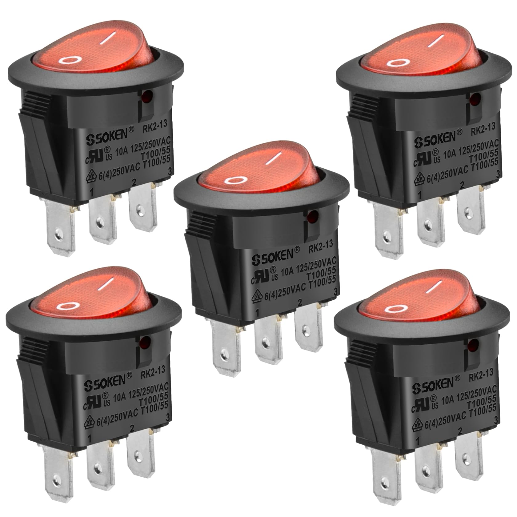 

Heschen Round Rocker Switch ON-OFF Open Close SPST 3 Terminal Red Light 10A 125/250 VAC Pack of 5 червоний