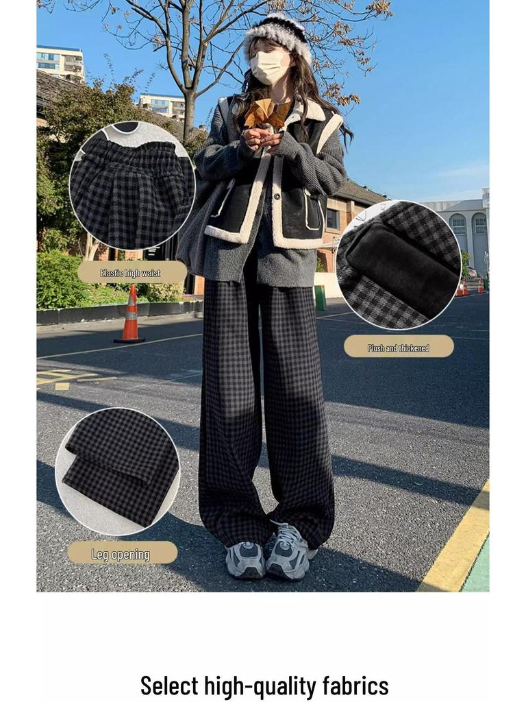 Women's High-Waisted Black and Gray Retro Plaid Wide-Leg Pants - Autumn/Winter 2024 Korean Style Slimming Casual Wear