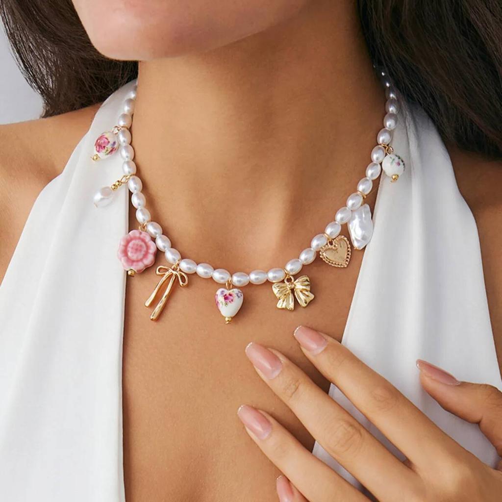 KunJoe Elegant Imitation Pearl Short Choker Necklace for Women Cute Ceramic Beads Flower Love Heart Pendant Necklace Y2K Jewelry