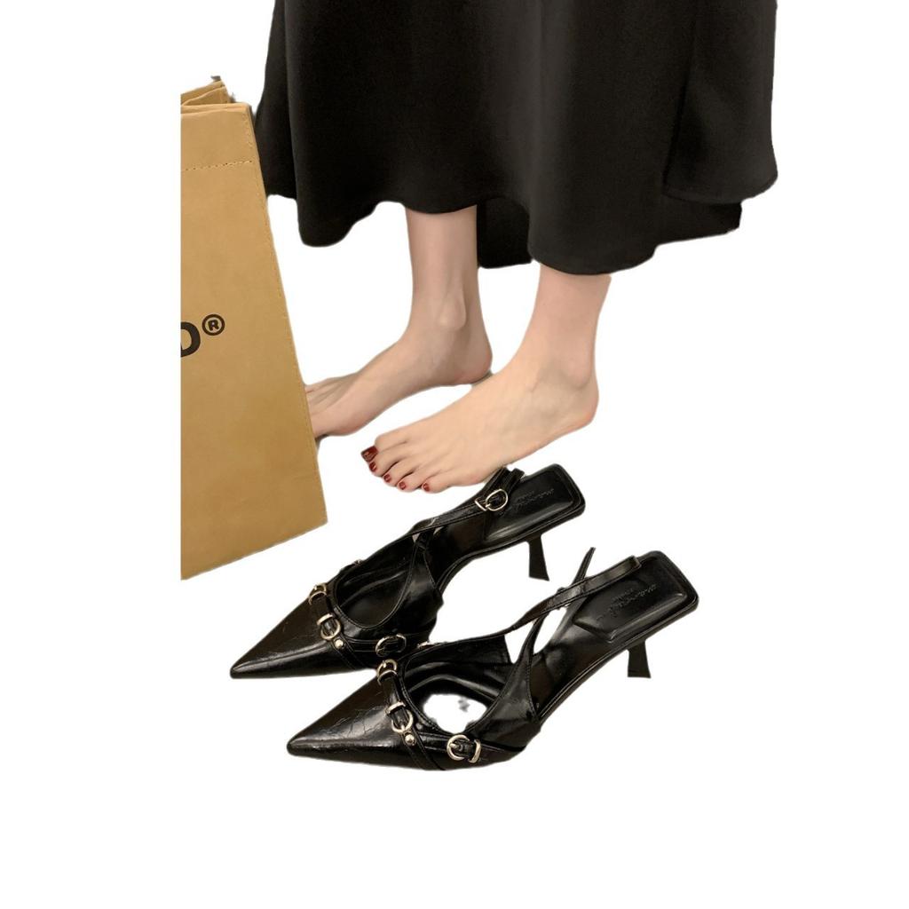 Baotou high-heeled sandals shallow mouth spring 2025 new rear empty thin heel temperament celebrity pointed single shoes women's shoes