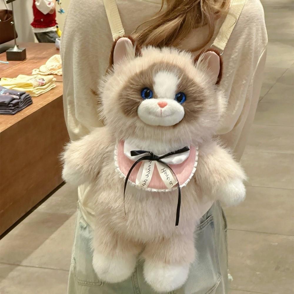 Realistic Simulated Cat Backpack Soft Cute Cartoon Ragdoll Backpack Small Capacity Puppet Cat Shoulder Bag Travel Storage