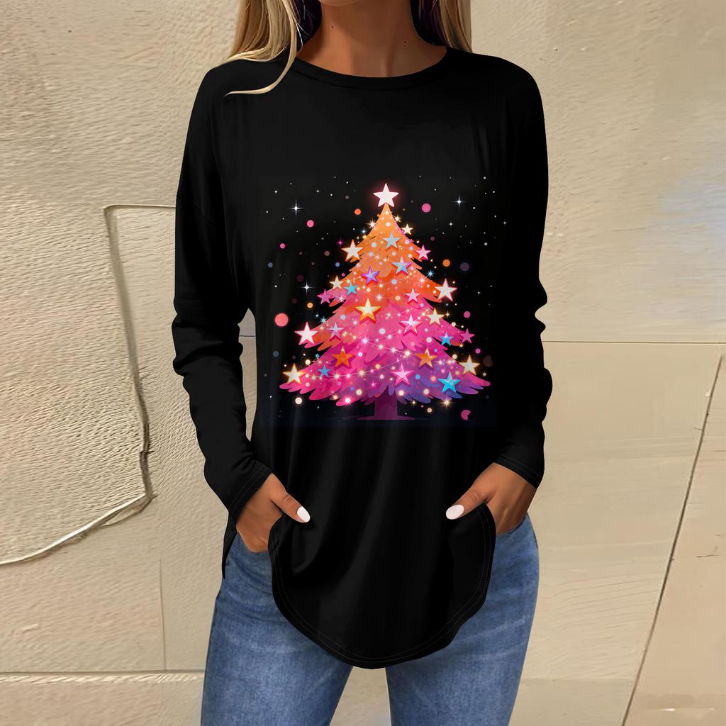 Dames Losse Comfortabele Casual Mode V-Hals Kerstprint Lange Mouw Hoodie