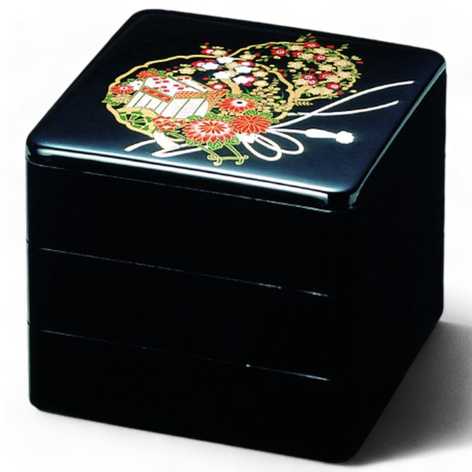

J-kitchens Lacquerware 3-Tiered Jubako Box (Black Flower Goshoguruma) (Unpainted Interior) 21.0cm Resin Jubako Box Made in Japan