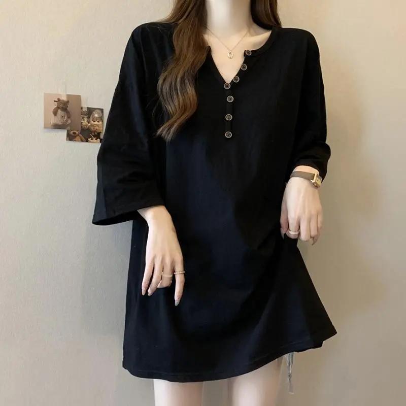 

Женская свободная повседневная футболка средней длины, однотонные топы с коротким рукавом и V-образным вырезом XS чёрный