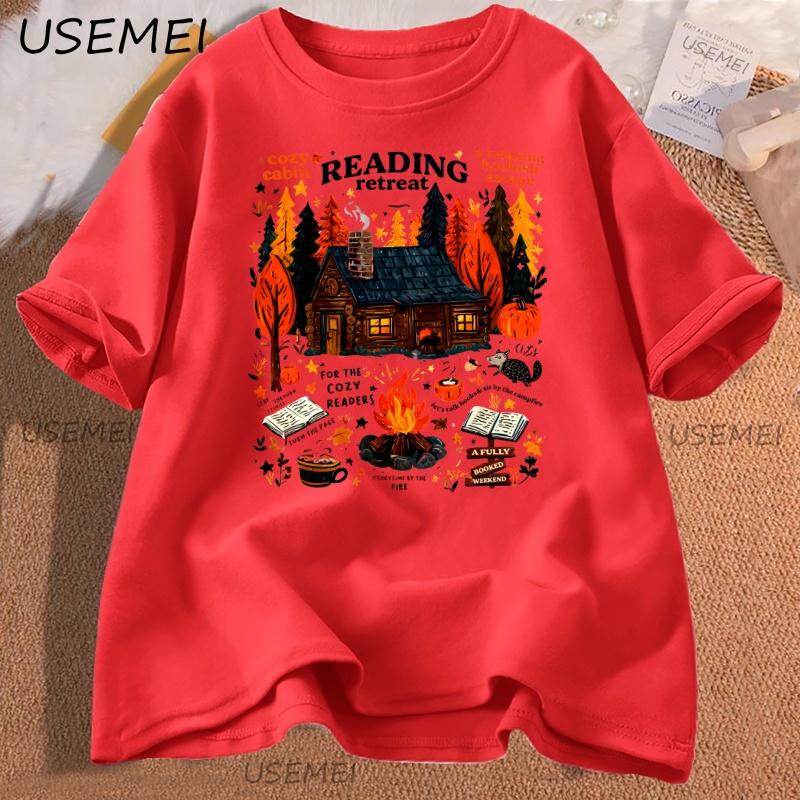

Cozy Cabin Reading Retreat Tshirt Fall Bookish Tshirt Autumn Cozy Readers Pumpkin Spice Book T Shirt Caual Cotton Short Sleeve S