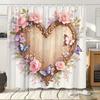 1pc Wooden Heart Shower Curtain - Romantic Floral & Butterflies, Soft Pastel Colors, Vintage Design