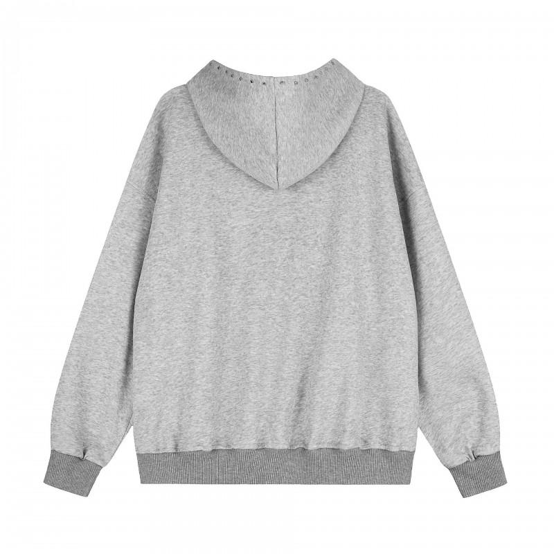 American Vintage Washed Hooded Zip Sweatshirt Men Women Studded Letter Graphic Loose Fit Casual Streetwear