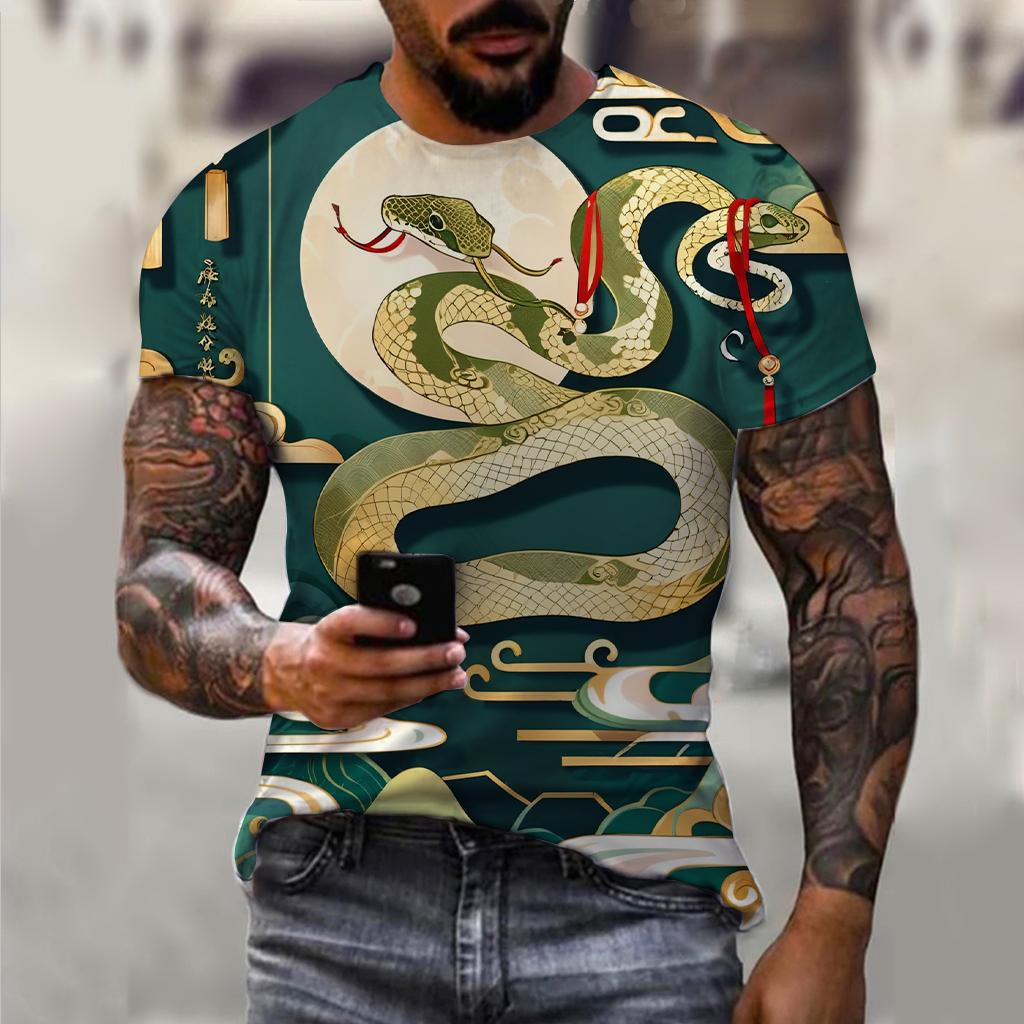 T-shirt décontracté à manches courtes pour homme imprimé 3D Année du Serpent du Nouvel An 2025 Confortable Respirant Imprimé Rétro