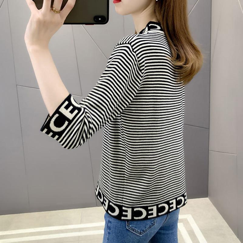 Slim Three-quarter Sleeve Mercerized Cotton Letter Half Turtleneck Sweater T-shirt Top for Women Spring and Autumn Korean