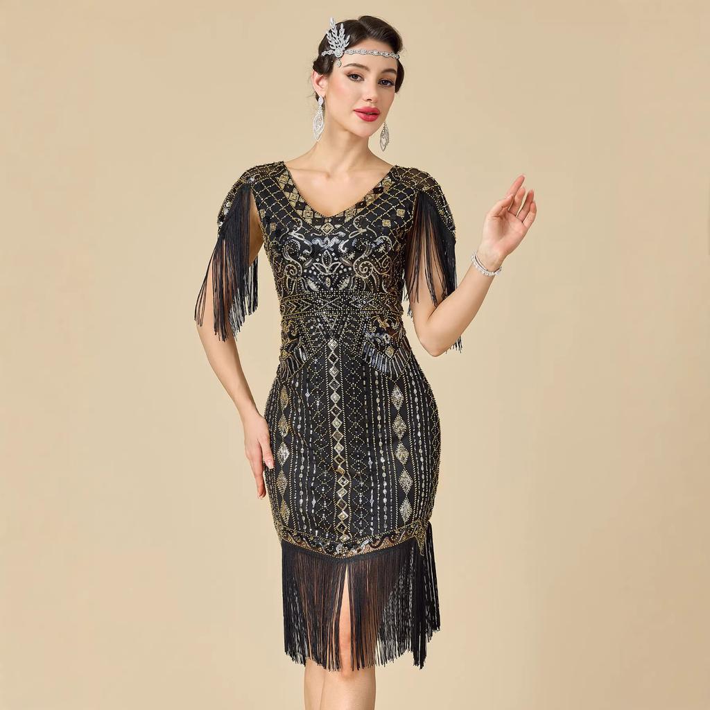 Women's Plus Size 1920s Gatsby Flapper Dress, Sequin Beaded Short Sleeve Fringe Evening Gown For Party & Pr