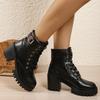 High-heeled European and American Black Martin Boots, Round Toe, Thick Heel, Lace-up Leather Boots, Women's 2025 Pre-fall New Plus-size Women's Boots