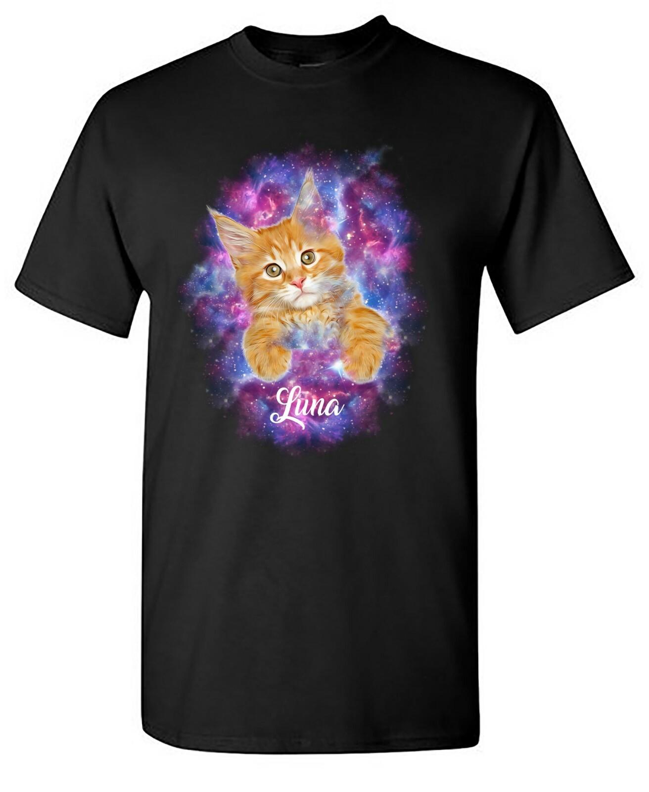 Personalized Kitty Cat Pet Name Galaxy Space Portrait Black Tshirt Size S-5XL XL