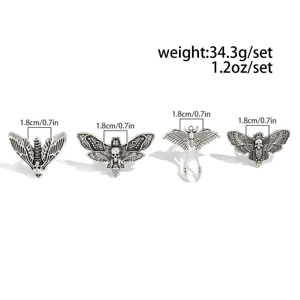 Salircon 4Pcs/set Goth Creative Butterfly Moth Skull Opening Ring Women Punk Joint Ring Halloween Trend Jewelry Accessories Gift