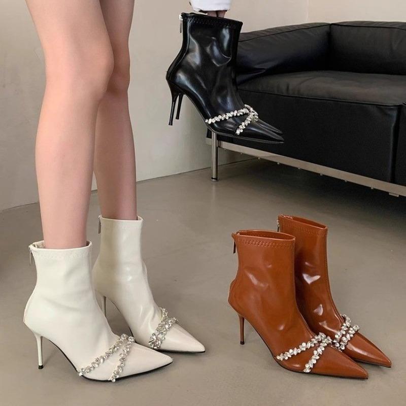 Fashion Rhinestone Slim Heel Single Boot Women's Fashion Pointed Toe Rear Zip Anti-Slip Wear-Resistant High