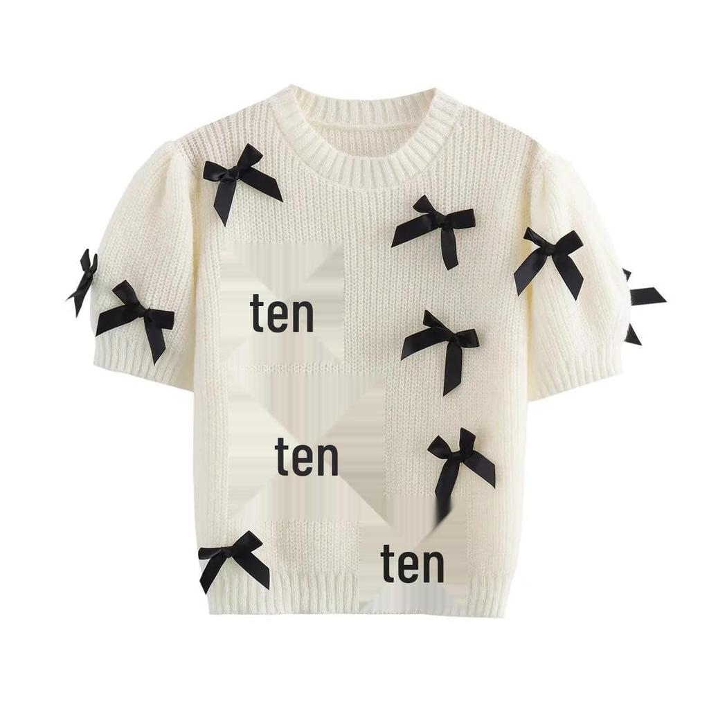 Dámský ležérní svetr s kulatým výstřihem a krátkým rukávem s mašlí, jednobarevný, jaro/léto 2025