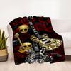 Golden Skull Guitar with Red Roses BackgroundBlanket Flannel Throw Blanket for Sofa, Bed, Travel, Camping, Office