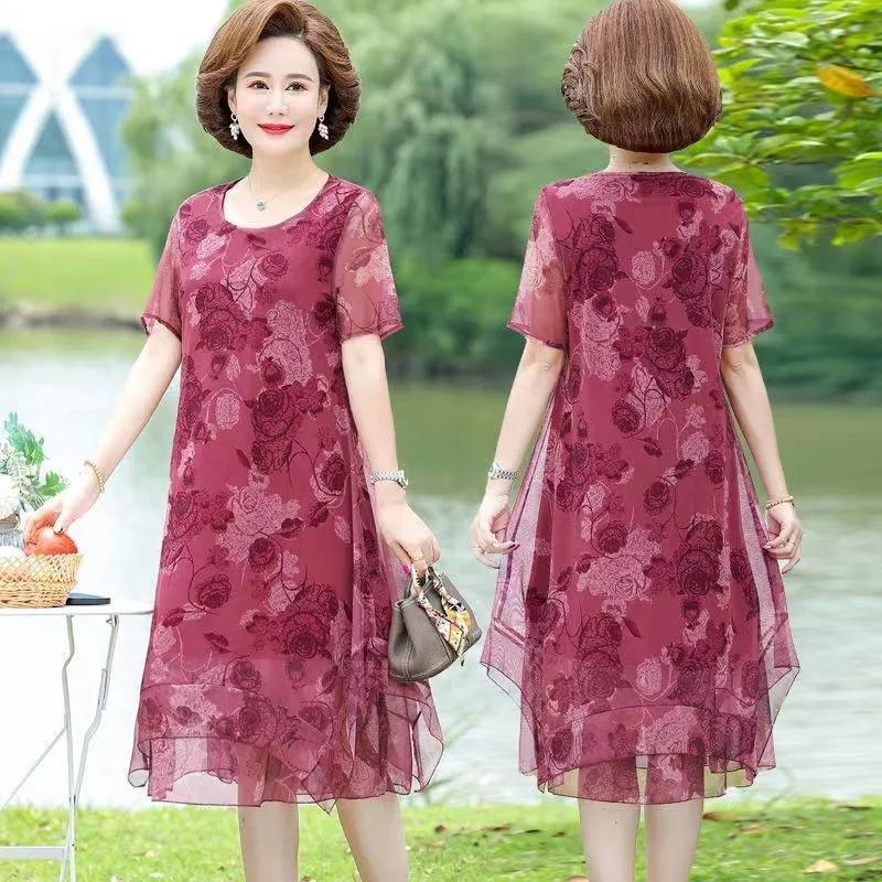 Women Summer Casual Dress Ladies Middle-aged Print Short Sleeve Pleated Dresses Female Vintage Mesh Yarn Floral Dress Vestidos