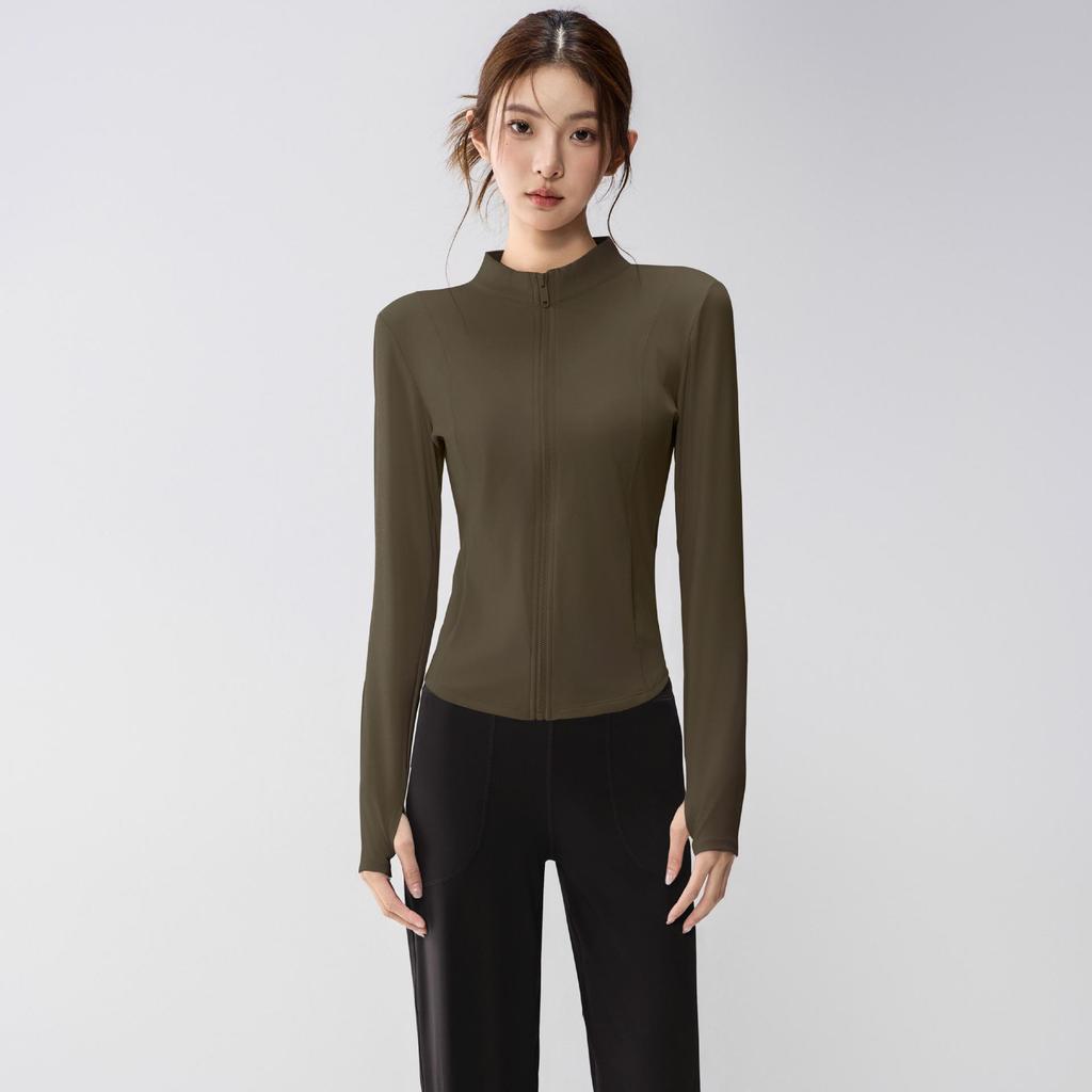 Full-Zip Yoga Suit with Pockets: Slimming Long Sleeve Top for Running & Fitness