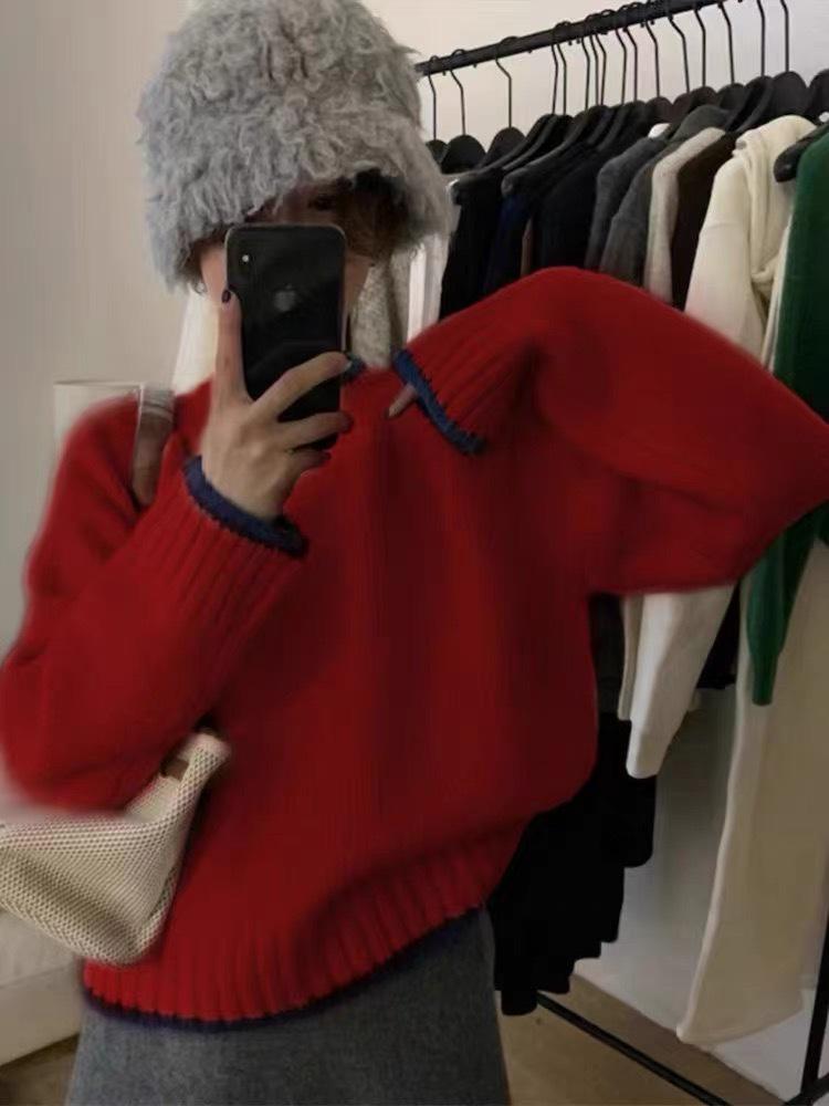 European-Style Wool Sweater for Women, New Autumn/Winter, Round Neck, Loose Pullover, Korean, Thickened, Color Block, Knitted Base Sweater