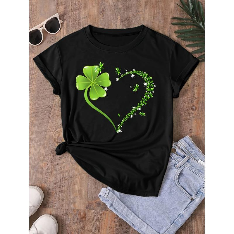 

European Size Womens Clover Print Heart Pattern Slim Fit Round Neck T Shirt Small Plus Sizes Spring Summer Top 4XL