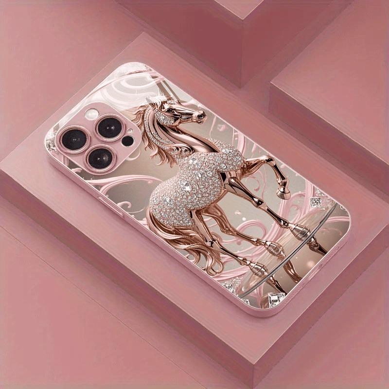 

Luxury Diamond Horse Pattern Pink Metallic Glass Phone Case For iPhone 17 16 15 14 13 12 11 Pro Max 15 14 Plus 17 Air 16E Cover iPhone17 Pro Max