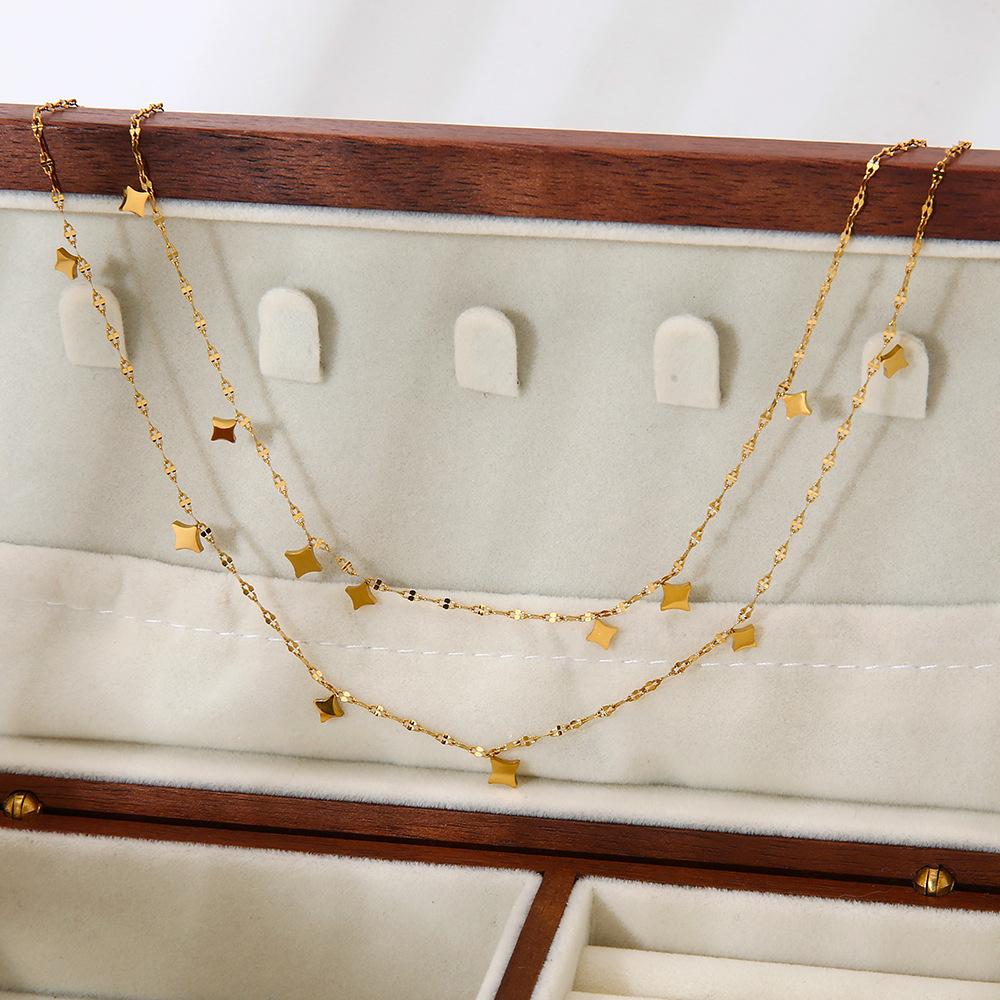 European and American Ins Exquisite Light Luxury Tetragonal Star Fringed Double-layer Necklace Women's Plated 18k Gold Stainless Steel Waterproof Neck