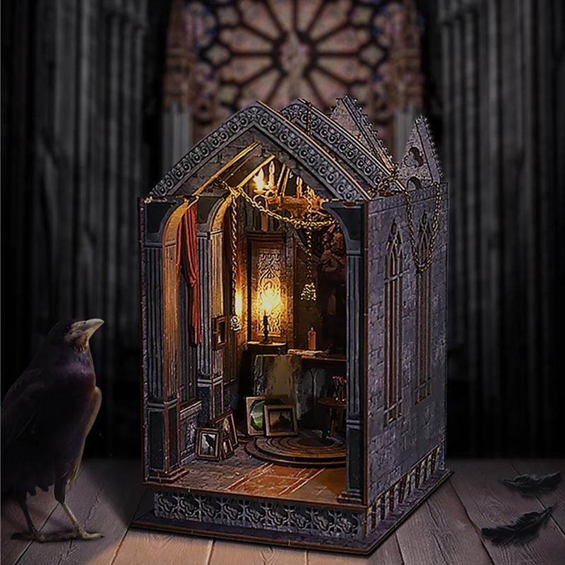 Bookshelf Set Micro Assembly Model Gothic Architecture Doll House DIY Handmade Toy Set with Lights For Adult Biethday Gifts