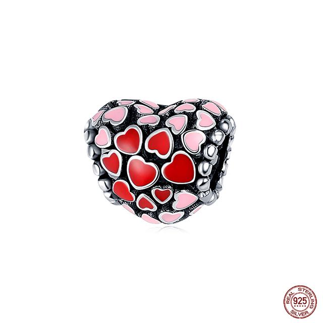 New 925 Sterling Silver Red Color Series Heart Shape Charms Beads Lucky Jewelry Gifts
