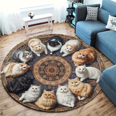 1pc Cute Kitten Pattern Round Rug, Non-slip Floor Mat for Living Room, Bedroom, Bathroom, Holiday Home Decoration