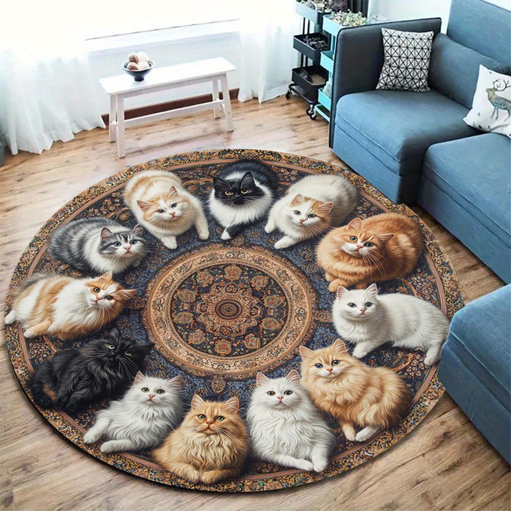 

Vintage Kitten Round Rug, Machine Washable Non-Slip Mat for Office Chair, Bedroom, Desk Decor, Cute Animal Design Diameter 60cm