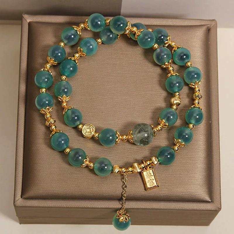 Exquisite Double Layer Heart Agate & Crystal Bracelet for Women – Luxurious Green Charm with High-End Appeal