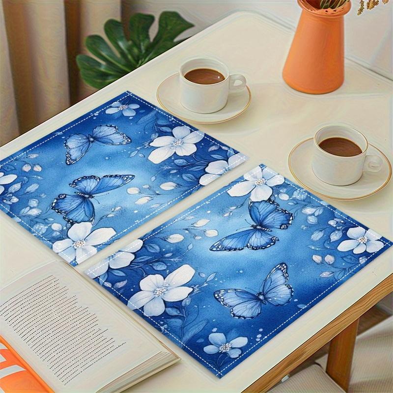 4pcs Elegant Floral & Butterfly Placemats | Deep Blue Table Mats with Blue Butterflies, Durable Linen Place Mats for Dining Table, Kitchen Decor 1pcs-12x18inch