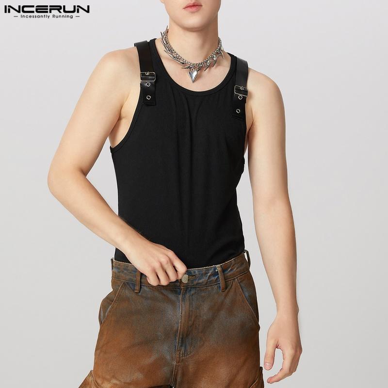 INCERUN Mens Sleeveless Strap Patchwork Solid Casual Fitted Tank Tops