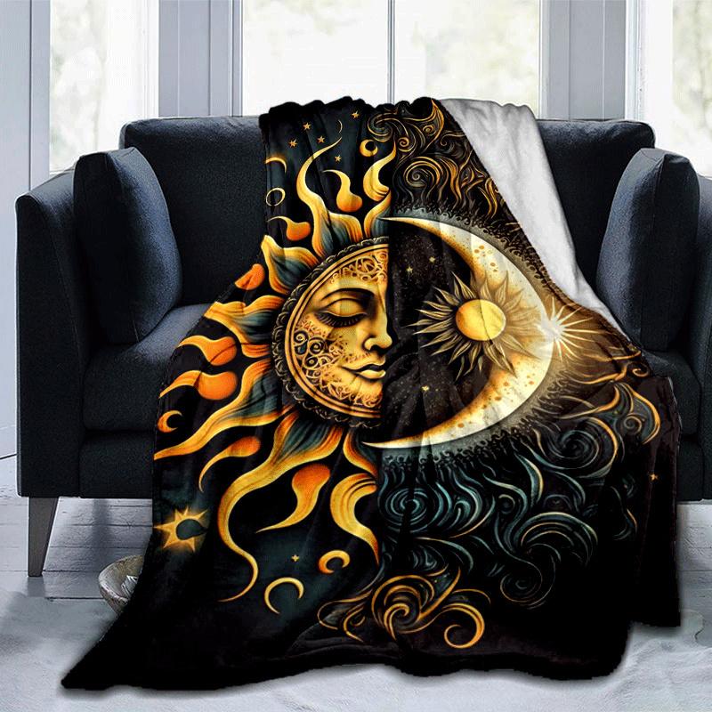 1pc Sun Moon Printing Lightweight Flannel Blanket, Comfortable and Warm Blanket, for Camping Sofa Bed and Couch Office, in All Seasons