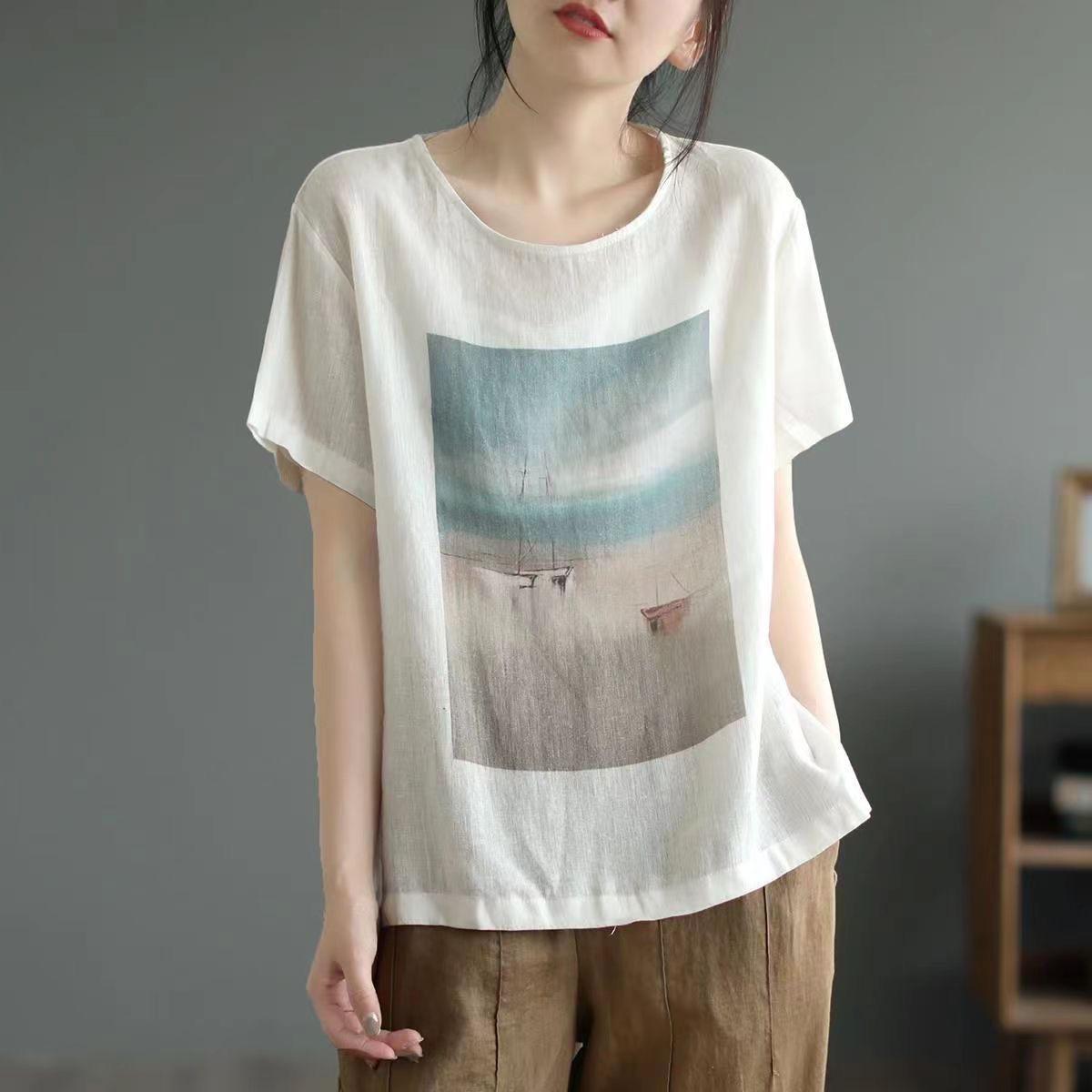 

Новая хлопковая льняная футболка с короткими рукавами для женщин, льняная тонкая футболка с ретро-принтом, литературный свободный летний топ большого размера 3XL